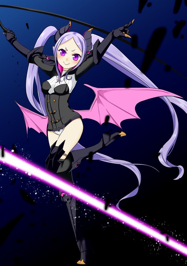 &gt;:&gt; 1girl :&gt; blush boots claws demon_girl demon_wings female_focus full_body horns long_hair pncnmmm pop-up_story purple_eyes purple_hair solo thigh_boots thighhighs twintails v-shaped_eyebrows very_long_hair volteria_dig_platidity whip wings