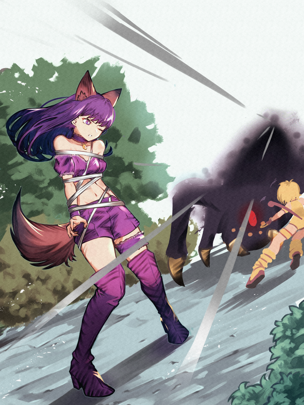 1girl animal_ears boots breasts commentary_request detached_sleeves frilled_thigh_strap fujiwara_zakuro highres knee_boots long_hair magical_girl mew_zakuro midriff official_style pink_ribbon puffy_detached_sleeves puffy_sleeves purple_boots purple_hair ribbon solo tail takako_(takako25252525) thigh_strap tokyo_mew_mew tokyo_mew_mew_new very_long_hair wolf_ears wolf_girl wolf_tail