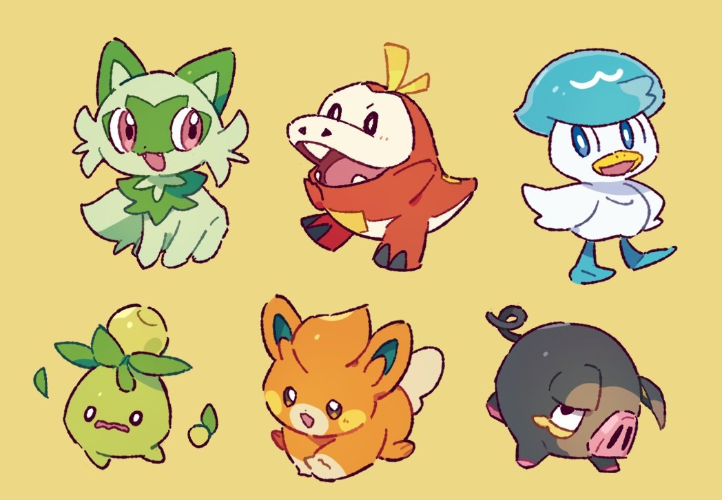 :d blue_eyes bright_pupils commentary_request creatures_(company) fangs fuecoco game_freak lechonk nintendo no_humans o_o open_mouth oyul_ovo pawmi pink_eyes pokemon pokemon_(creature) quaxly simple_background smile smoliv sprigatito white_pupils yellow_background