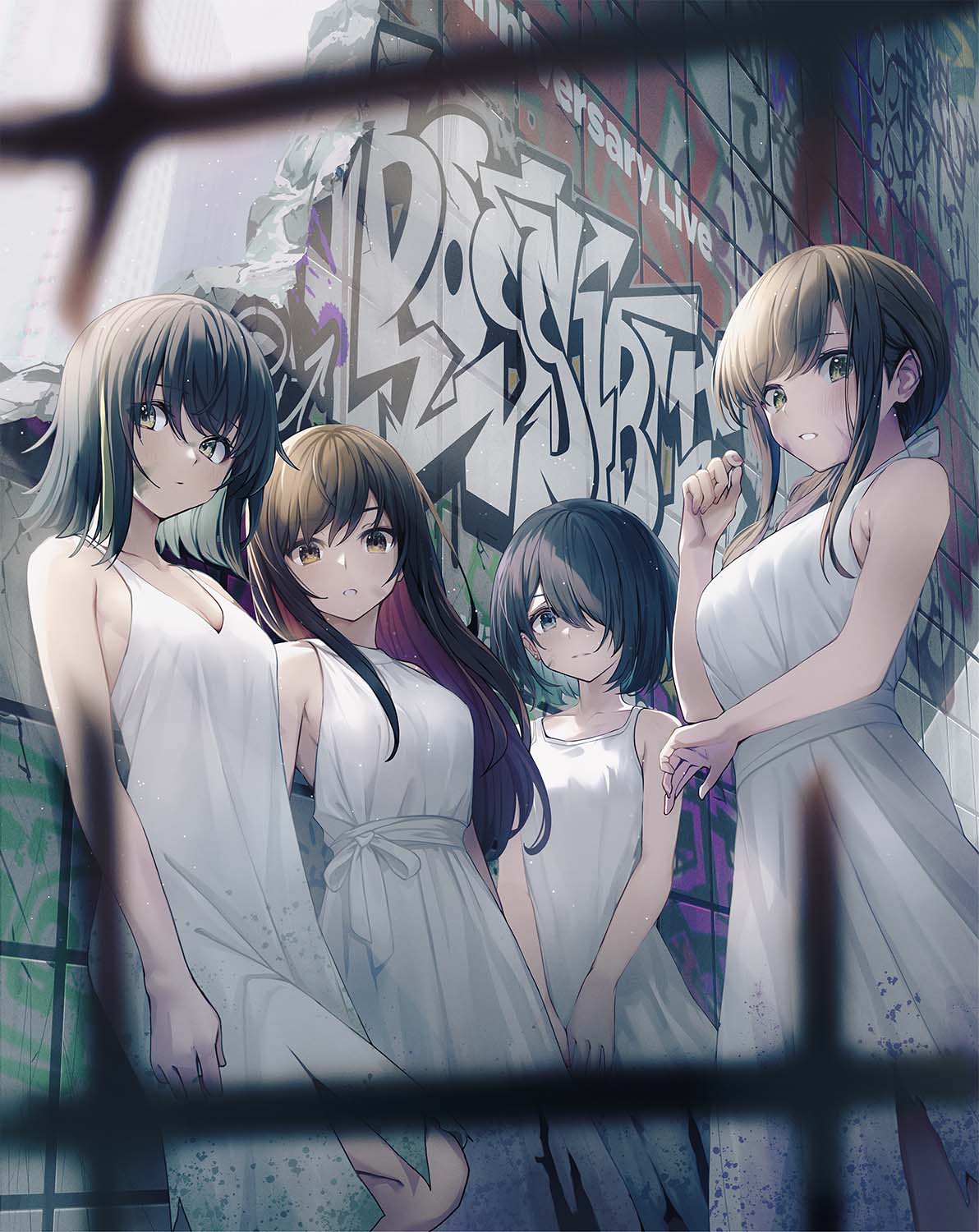 4girls black_hair breasts brown_eyes cleavage closed_mouth colored_inner_hair dress enogu graffiti green_eyes highres hinata_nao_(iwamotochou_geinousha) iwamotochou_geinousha kagawa_ichigo long_dress long_hair looking_at_viewer matching_outfits medium_hair multicolored_hair multiple_girls natsume_haru paint_splatter paint_splatter_on_face parted_lips sash shirafuji_tamaki sleeveless sleeveless_dress suzuki_anzu virtual_youtuber white_dress white_sash