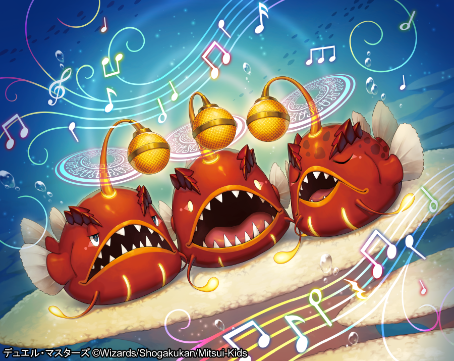 air_bubble anglerfish animal_focus bubble closed_eyes copyright_notice duel_masters eighth_note fish gospeller_fish kemonomichi_(blue_black) magic_circle microphone music musical_note no_humans official_art open_mouth quarter_note sharp_teeth singing musical_staff teeth treble_clef underwater white_eyes