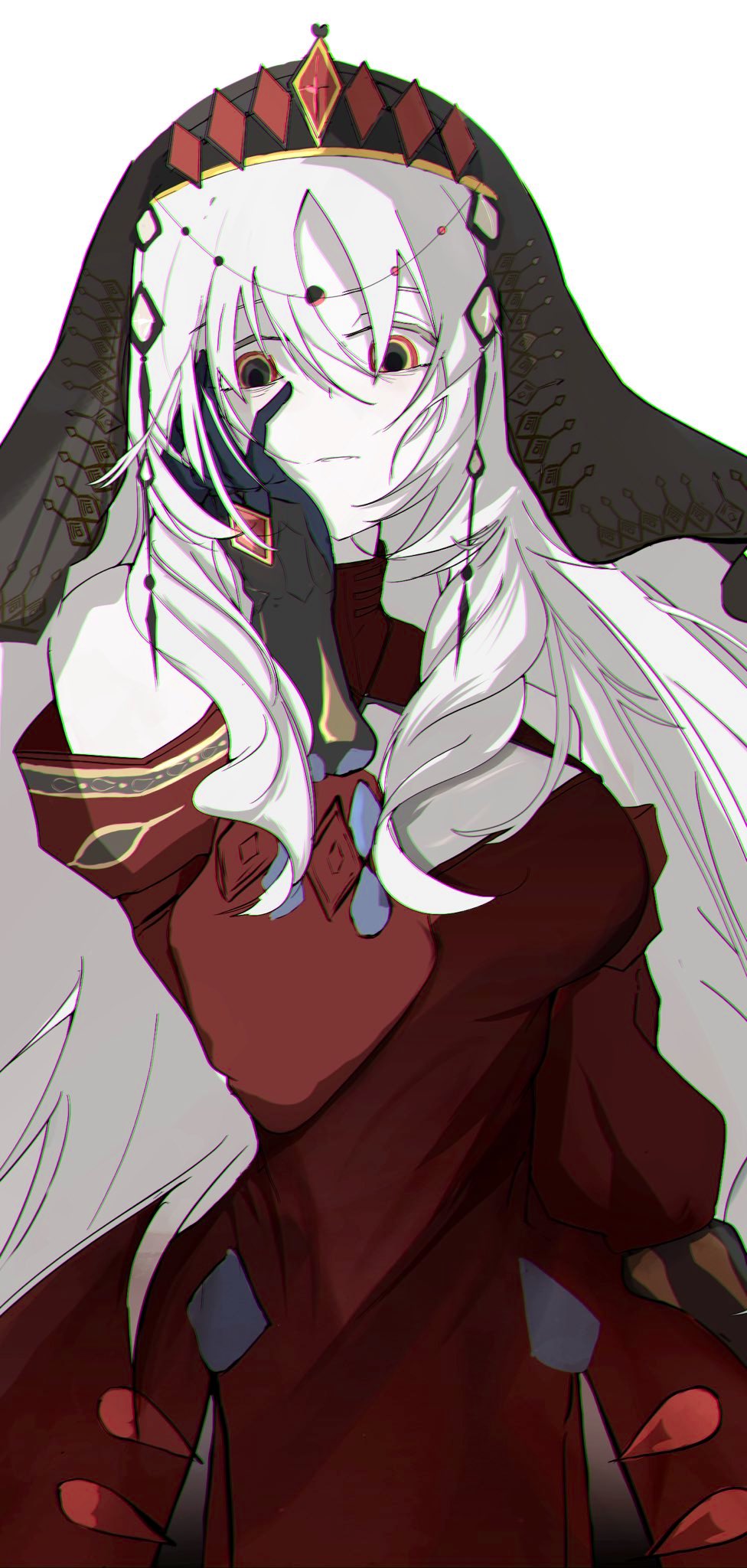 1girl bare_shoulders blazing_cartesia_the_virtuous cleavage_cutout clothing_cutout detached_sleeves dress duel_monster ecclesia_(yu-gi-oh!) gauntlets hand_on_own_face highres long_hair multicolored_eyes red_dress red_eyes shirt sidelocks solo uragawai veil white_hair white_shirt yellow_eyes yu-gi-oh!