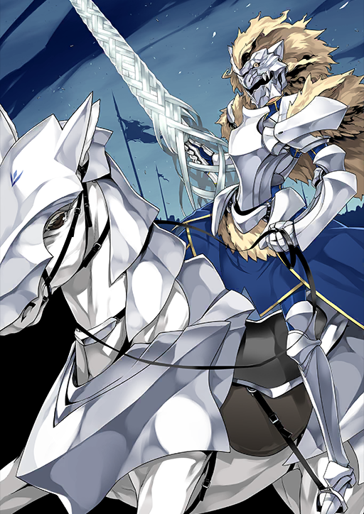 1girl armor armored_boots armored_gloves artoria_pendragon_(fate) artoria_pendragon_(lancer)_(fate) barding blue_background blue_dress boots breastplate cape covered_face dress dun_stallion_(fate) fate/grand_order fate_(series) full_armor full_body fur_cape fur_trim gauntlets hand_up helm helmet high_collar holding holding_polearm holding_reins holding_weapon horse horseback_riding ishida_akira lance official_art pauldrons polearm reins rhongomyniad_(fate) riding saddle shoulder_armor solo stirrups_(riding) third-party_source variant_set weapon