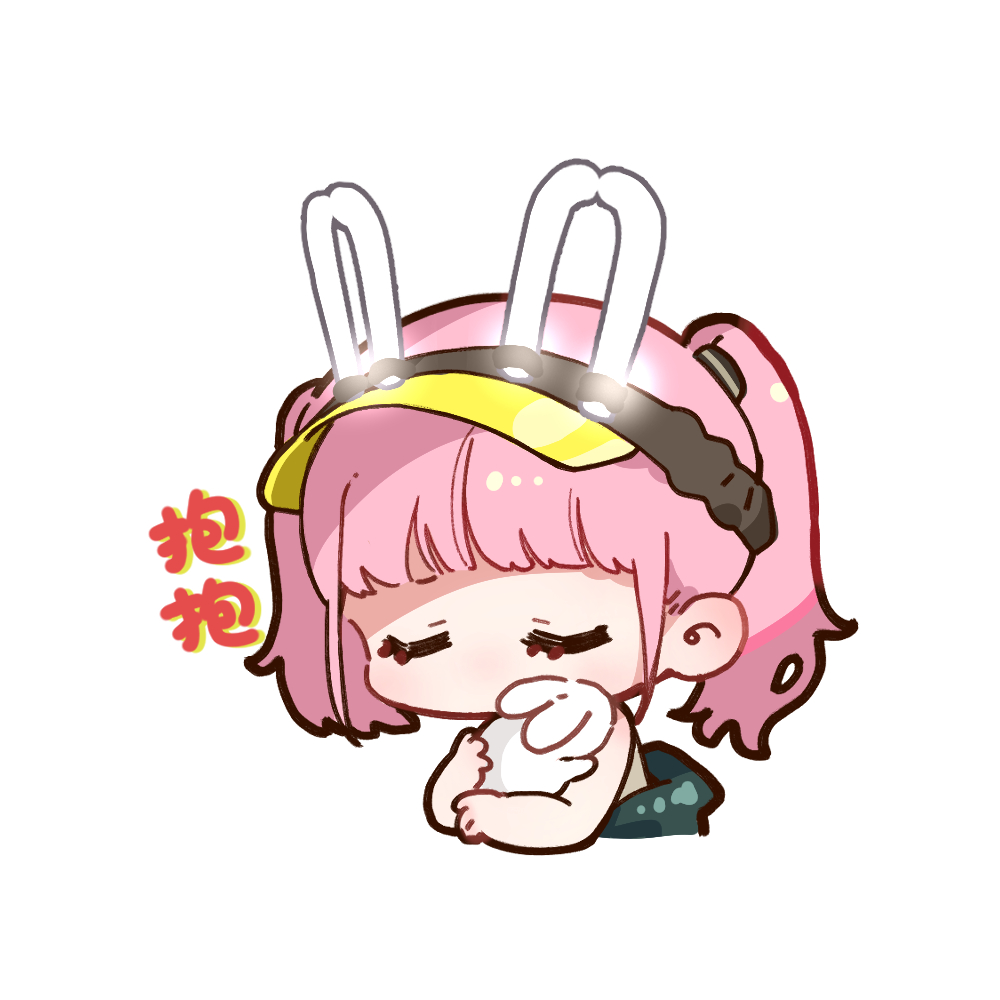 1girl animal artist_request chibi chibi_only chinese_commentary chinese_text closed_eyes girls&#039;_frontline girls&#039;_frontline_neural_cloud glowstick holding holding_animal hug official_art pink_hair rabbit second-party_source solo taisch_(neural_cloud) visor_cap