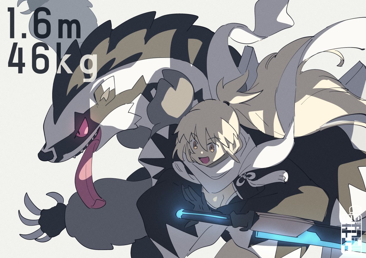 1girl black_gloves black_jacket black_kimono blonde_hair breasts claw_pose claws cleavage color_coordination colored_sclera fate/grand_order fate_(series) gen_8_pokemon gloves height_connection holding holding_sword holding_weapon jacket japanese_clothes kimono long_hair nintendo obstagoon okita_j._souji_(fate) okita_j._souji_(second_ascension)_(fate) okita_souji_(fate) open_mouth pink_sclera pokemon pokemon_(creature) ponytail scarf sword teria_(teriarian) tongue tongue_out weapon weight_connection white_scarf yellow_eyes