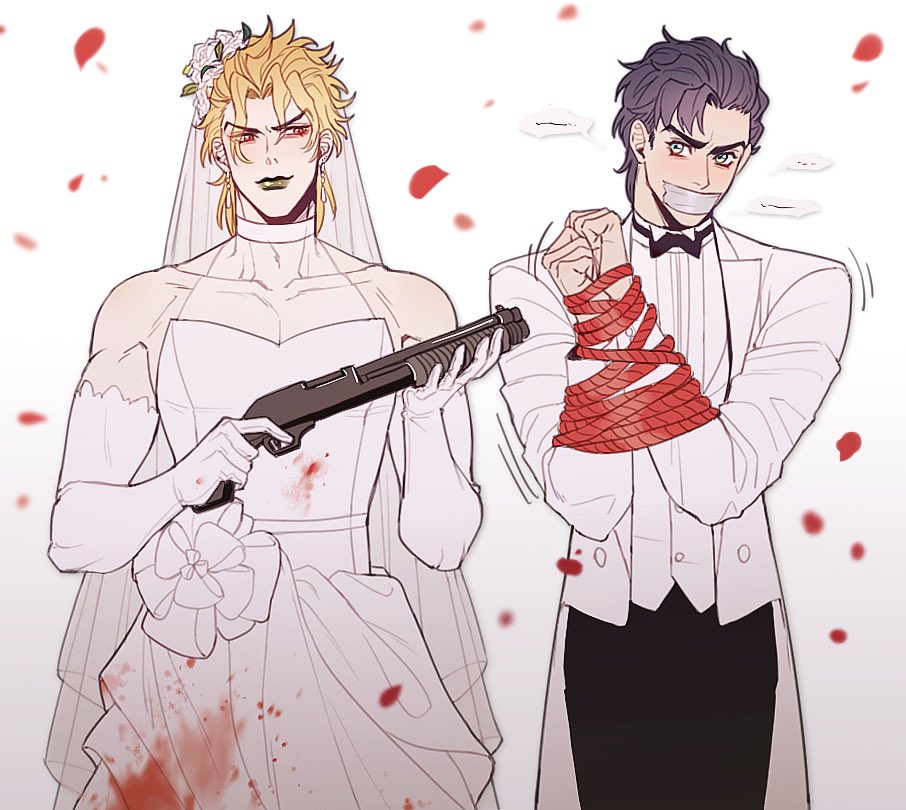 2boys alternate_hairstyle black_pants blonde_hair blood blood_on_clothes blue_eyes blue_hair bound bound_arms bridal_veil closed_mouth commentary_request crossdressing dio_brando dress elbow_gloves flower formal_clothes gag gloves green_lips gun hako_iix07 holding holding_gun holding_weapon husband_and_husband improvised_gag jacket jewelry jojo_no_kimyou_na_bouken jonathan_joestar long_hair long_sleeves looking_at_another male_focus multiple_boys muscular muscular_male pants petals phantom_blood red_eyes red_flower see-through_clothes see-through_dress shirt short_hair shotgun smile standing stardust_crusaders strapless strapless_dress tape tape_gag veil weapon wedding_dress white_dress white_gloves white_jacket white_shirt yaoi