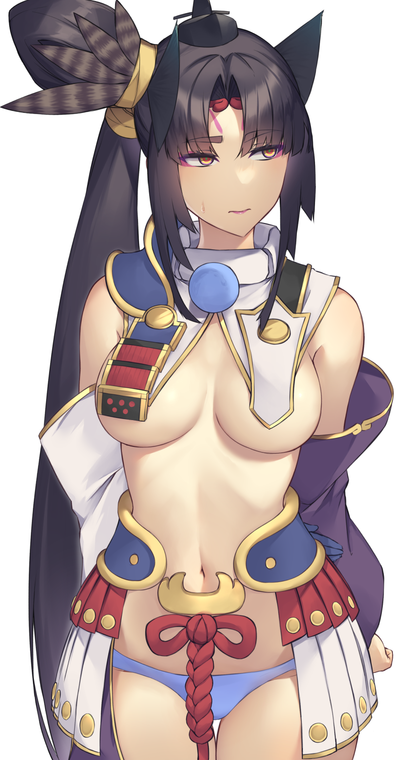 1girl armor asymmetrical_sleeves black_hair blue_panties breast_curtains breasts cosplay detached_sleeves eyeliner facial_mark fate/grand_order fate_(series) feather_hair_ornament feathers forehead_mark hair_bun hair_ornament hat highres japanese_armor large_breasts long_hair looking_to_the_side makeup mismatched_sleeves multicolored_eyes navel orange_eyes panties parted_bangs pinta_(ayashii_bochi) purple_eyes purple_lips side_ponytail sidelocks single_side_bun taira_no_kagekiyo_(fate) thighs underwear ushiwakamaru_(fate) ushiwakamaru_(fate)_(cosplay) very_long_hair wide_sleeves