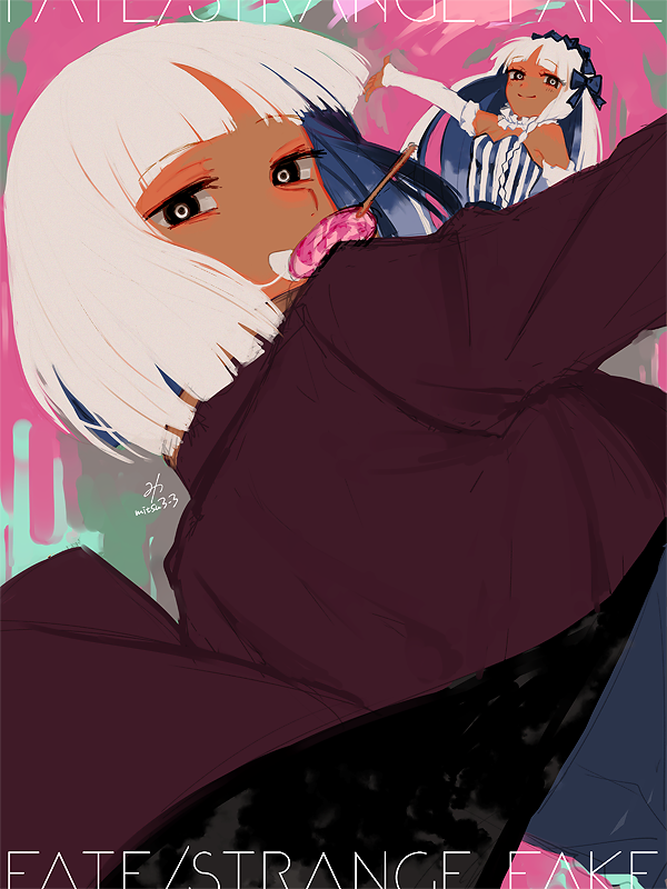 1boy 1girl black_eyes braid breasts choker dark_skin detached_sleeves dress fate/strange_fake fate_(series) francesca_(fate/strange_fake) francois_prelati_(fate) hair_ornament jacket long_hair short_hair