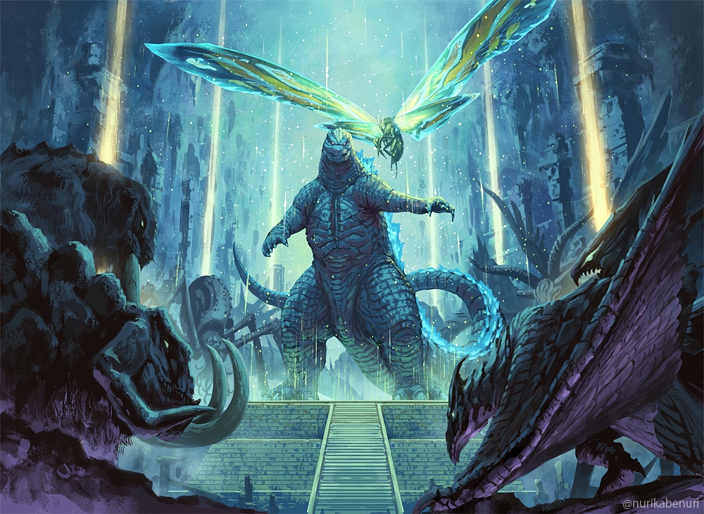 animal_ears behemoth_(monsterverse) bioluminescence bowing cave claws commentary_request giant giant_monster glowing glowing_eyes glowing_spikes godzilla godzilla:_king_of_the_monsters godzilla_(monsterverse) godzilla_(series) kaiju legendary_pictures methuselah_(monsterverse) monster monsterverse mothra mothra_(monsterverse) muto_(godzilla) muto_female no_humans nurikabe_(mictlan-tecuhtli) queen_muto rodan rodan_(monsterverse) scylla_(monsterverse) smile standing tail temple toho underwater_cave