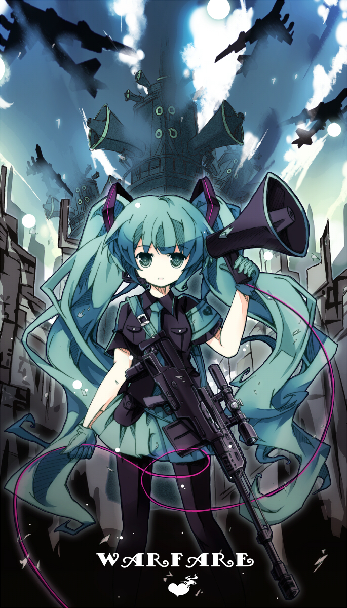 1girl aircraft airplane b-52_stratofortress bad_id bad_pixiv_id bomber bondson female_focus gloves green_eyes gun hatsune_miku headset heavy_bomber highres koi_wa_sensou_(vocaloid) long_hair megaphone military military_vehicle necktie pantyhose penetrator_(aircraft) rifle skirt sniper_rifle solo strategic_bomber twintails very_long_hair vocaloid weapon