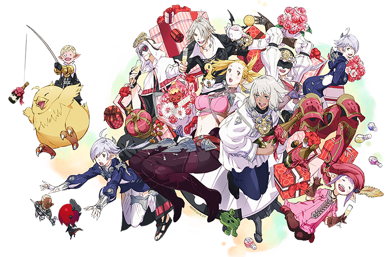 10s alisaie_leveilleur alphinaud_leveilleur box fat_chocobo final_fantasy final_fantasy_xiv flower gift gift_box happy louisoix_leveilleur minfilia_warde multiple_boys multiple_girls official_art papalymo sabotender smile tataru_taru thancred transparent_background urianger_augurelt y&#039;shtola_rhul yda