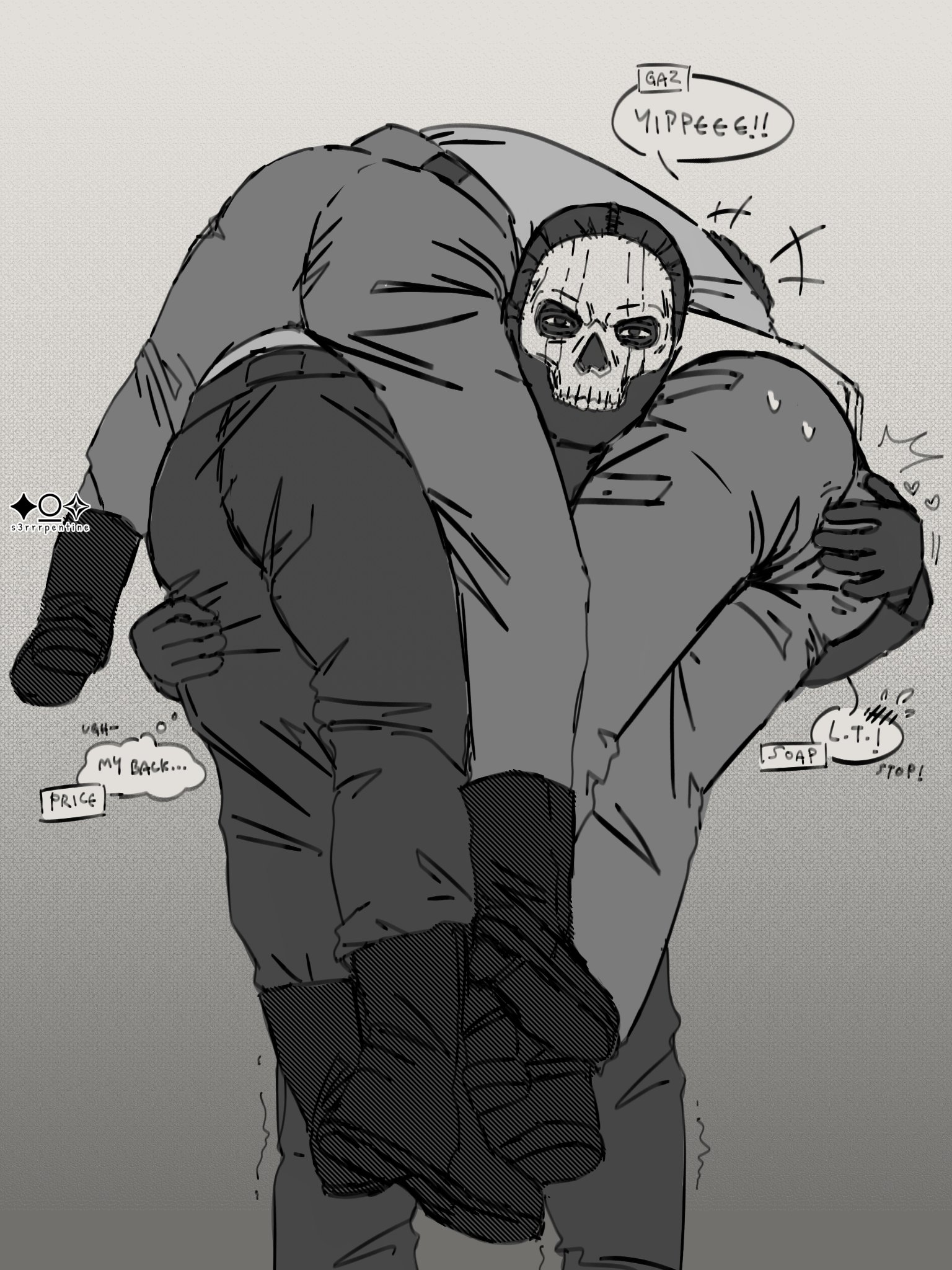 2boys 4boys bara black_hair call_of_duty call_of_duty:_modern_warfare_2 captain_price carrying carrying_multiple_people carrying_over_shoulder carrying_person couple english_text feet_out_of_frame gaz_(call_of_duty_4) ghost_(modern_warfare_2) grabbing_another's_ass groping highres male_focus mask mature_male multiple_boys muscular muscular_male ser_(s3rrrpentine) skull_mask soap_(modern_warfare_2) solo_focus thick_eyebrows yaoi