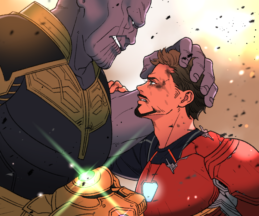 2boys arc_reactor armor avengers:_infinity_war avengers_(series) black_eyes black_shirt broken_armor brown_eyes brown_hair clenched_hand colored_skin evil_smile facial_hair fingernails full_armor hand_on_another&#039;s_head hand_up infinity_gauntlet infinity_gems iron_man long_sleeves looking_at_another male_focus marvel marvel_cinematic_universe multiple_boys power_armor purple_skin red_armor shirt short_hair smile sparkle teeth thanos tony_stark v-shaped_eyebrows yukko93