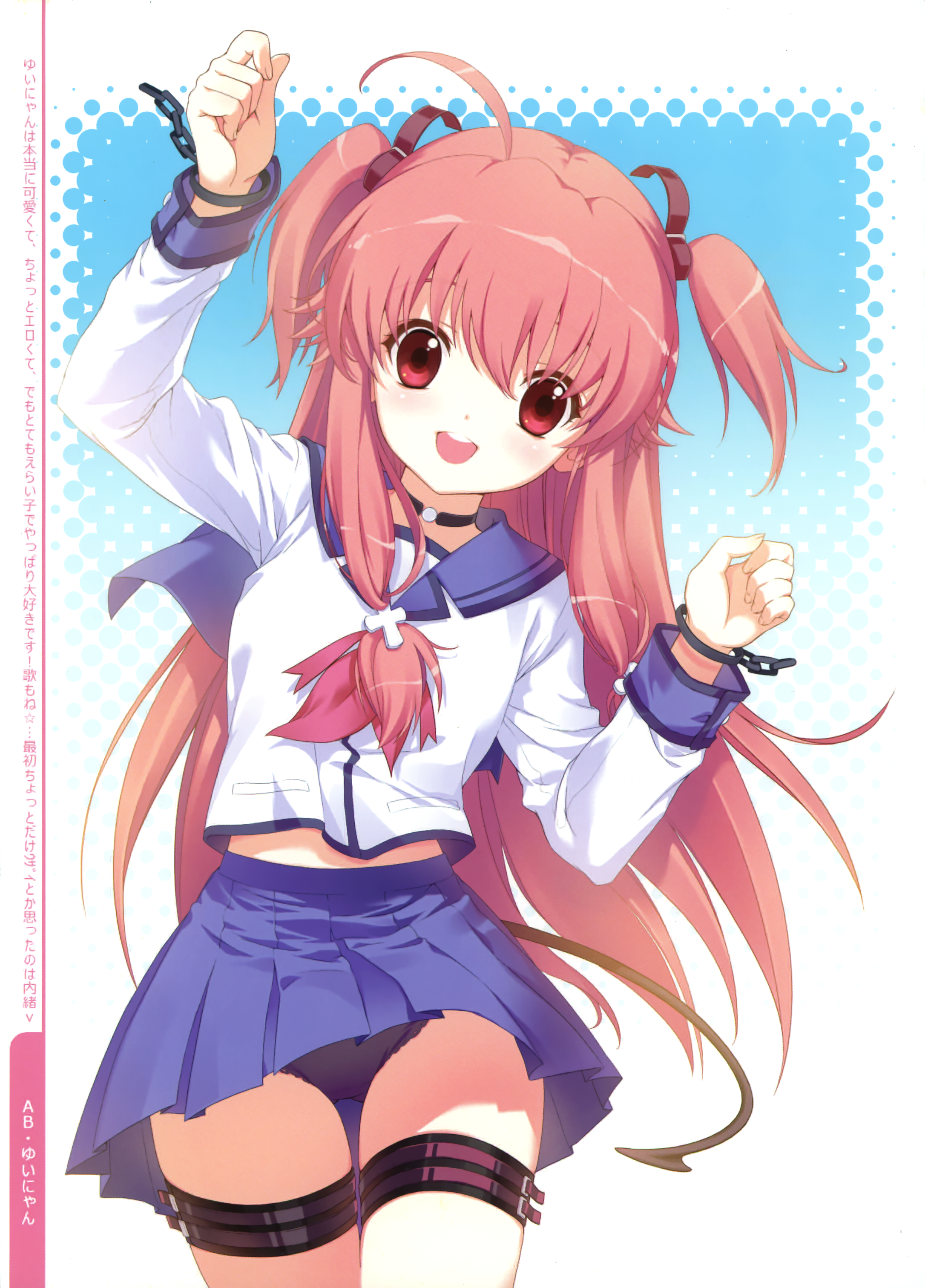 1girl :d absurdres angel_beats! black_choker black_panties blue_background blue_skirt breasts choker cowboy_shot cross_hair_ornament demon_tail fake_tail hair_ornament hands_up highres long_hair long_sleeves looking_at_viewer midriff_peek open_mouth panties pantyshot pink_hair pleated_skirt red_eyes school_uniform shinda_sekai_sensen_uniform shirahane_nao shirt simple_background skirt small_breasts smile solo standing tail thigh_strap two-tone_background two_side_up underwear white_background white_shirt yui_(angel_beats!)