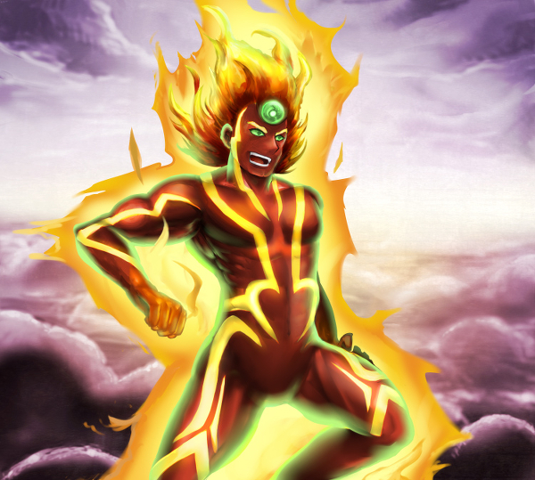 1boy fiery_hair fire green_eyes kid_icarus male_focus muscular nintendo nude open_mouth pyrrhon sky tattoo