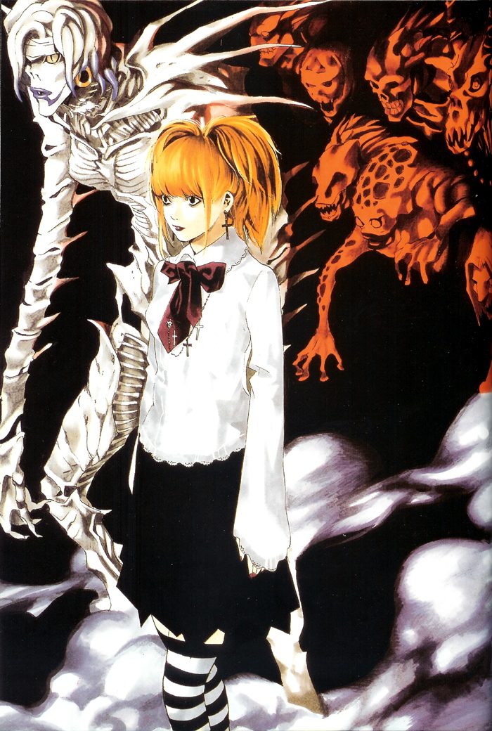 2girls amane_misa bandages blonde_hair cross cross_earrings death_note earrings fog goth_fashion hoop_earrings jewelry lipstick makeup multiple_girls obata_takeshi official_alternate_costume official_alternate_hairstyle official_art pale_skin rem_(death_note) shinigami shirt short_twintails skirt thighhighs twintails white_shirt