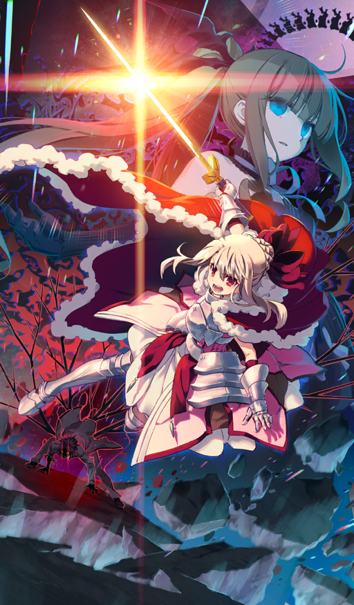 1boy 2girls all_fours armor armored_boots artoria_pendragon_(fate) bare_shoulders black_dress blonde_hair blue_eyes boots breastplate broken_ground brown_hair bun_with_braided_base cape collar commentary_request cosplay diffraction_spikes dress dynamic_pose excalibur_(fate/stay_night) expressionless fate/grand_order fate/kaleid_liner_prisma_illya fate_(series) faulds frilled_collar frills fur-trimmed_cape fur_trim gauntlets glowing glowing_eyes glowing_sword glowing_weapon hair_between_eyes hiroyama_hiroshi holding holding_sword holding_weapon homurabara_academy_school_uniform illyasviel_von_einzbern illyasviel_von_einzbern_(saber_install) julian_ainsworth jumping long_hair midair multiple_girls official_art open_mouth outline outstretched_arm pandora_(prisma_illya) parted_lips pink_dress red_cape red_eyes red_outline saber_lily saber_lily_(cosplay) school_uniform short_hair_with_long_locks shouting sidelocks sleeveless sleeveless_dress split_ponytail strapless strapless_dress sword third-party_source v-shaped_eyebrows weapon