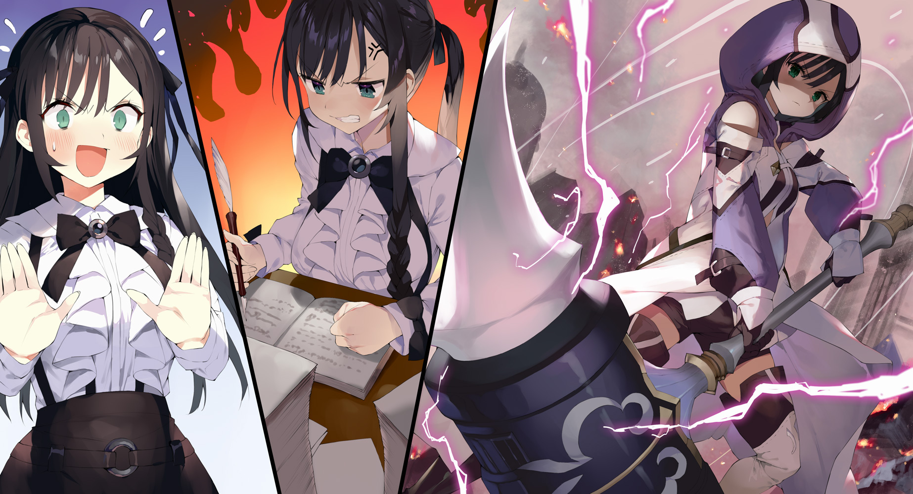 alina_clover anger_vein angry black_hair black_shorts black_skirt blush book boots fire frills gaou_(umaiyo_puyoman) green_eyes guild_no_uketsukejou_desu_ga_zangyou_wa_iya_nanode_boss_wo_solo_toubatsu_shiyou_to_omoimasu hair_ribbon highres hood jacket lightning novel_illustration official_art ribbon shirt shorts skirt surprised teeth thigh_boots war_hammer weapon white_shirt