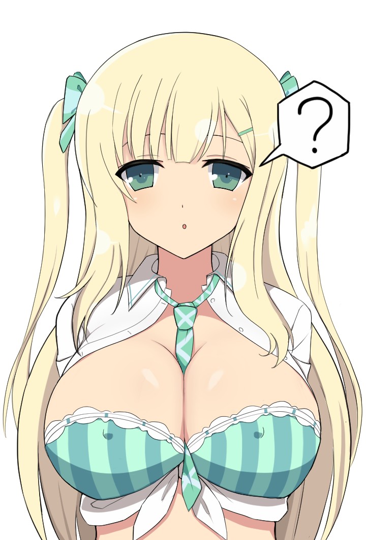 1girl american_school_uniform blonde_hair bra breasts covered_erect_nipples green_bra green_eyes green_necktie hair_ribbon hanging_breasts large_breasts looking_at_viewer manjou_(q_tiwj) necktie open_clothes open_mouth open_shirt pigtail_braids ribbon senran_kagura solo speech_bubble thought_bubble underwear yomi_(senran_kagura)