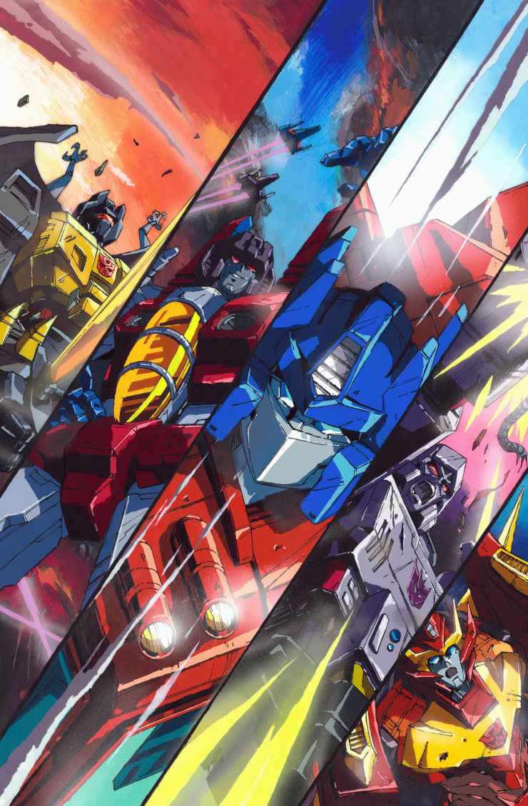 1980s_(style) 5boys aircraft airplane autobot blue_eyes comic_cover commentary cover_image decepticon english_commentary flying grimlock looking_at_viewer marble-v mecha megatron mixed-language_commentary multiple_boys no_humans official_art oldschool open_mouth optimus_prime pink_eyes retro_artstyle robot rodimus rui_onishi science_fiction skywarp starscream surprised textless_version the_transformers_(idw) thundercracker transformers v-fin visor