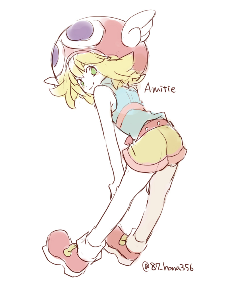 1girl amitie_(puyopuyo) blonde_hair blush character_hat full_body green_eyes hana_(mew) hands_on_own_legs hat looking_at_viewer looking_back puyopuyo puyopuyo_fever red_footwear red_hat shirt sleeveless sleeveless_shirt smile socks solo twitter_username white_socks