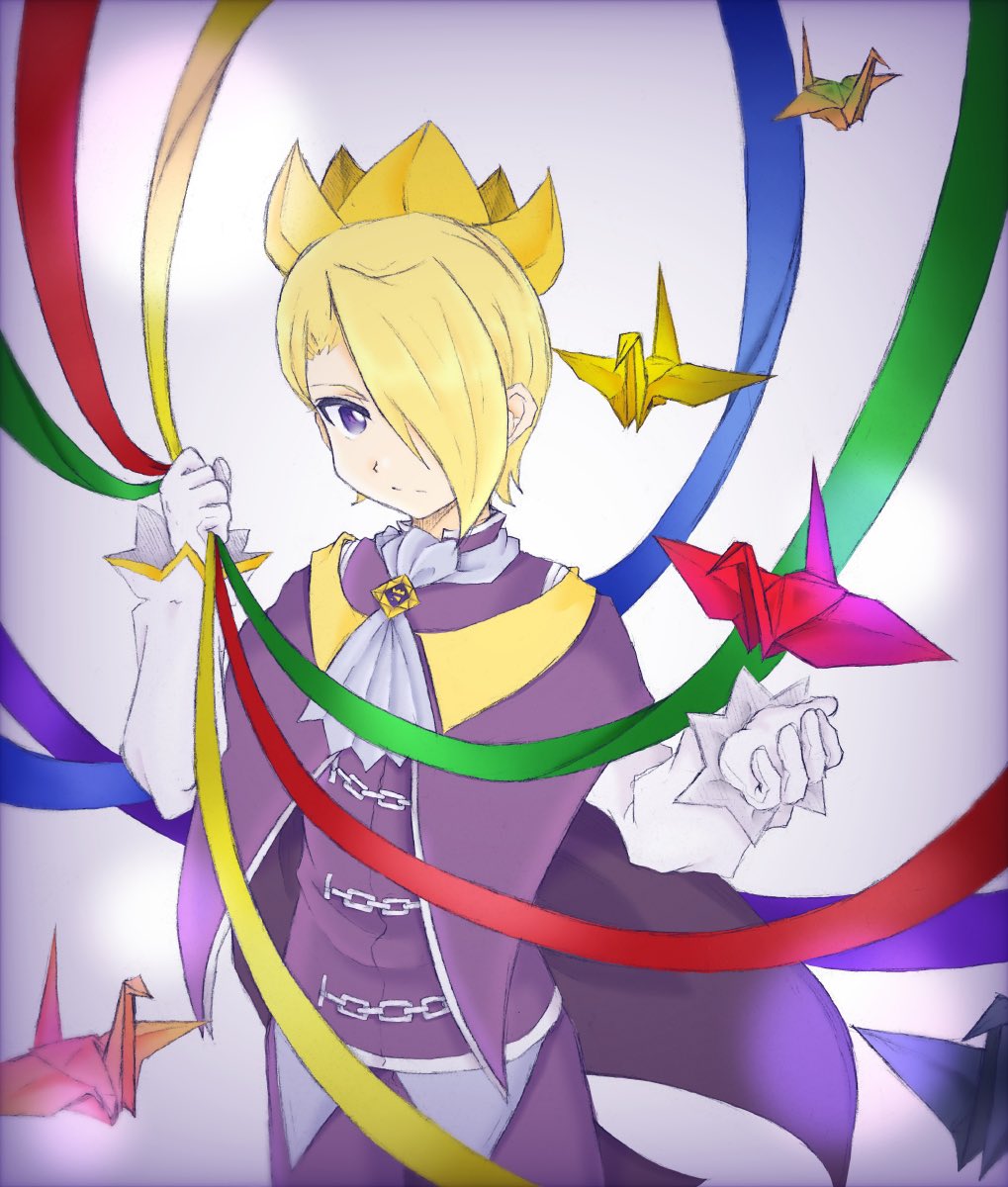 1boy ascot atsuyu_bb blonde_hair cape capelet chain closed_mouth cowboy_shot crown expressionless eyelashes frilled_sleeves frills gloves grey_ascot grey_background hair_over_one_eye highres holding king_olly long_sleeves male_focus mario_(series) nintendo object_floating_above_hand origami pants paper_crane paper_mario paper_mario:_the_origami_king personification puffy_long_sleeves puffy_sleeves purple_cape purple_capelet purple_eyes purple_pants purple_vest shirt short_hair sleeves_past_wrists solo standing streamers vest white_gloves white_shirt yellow_crown