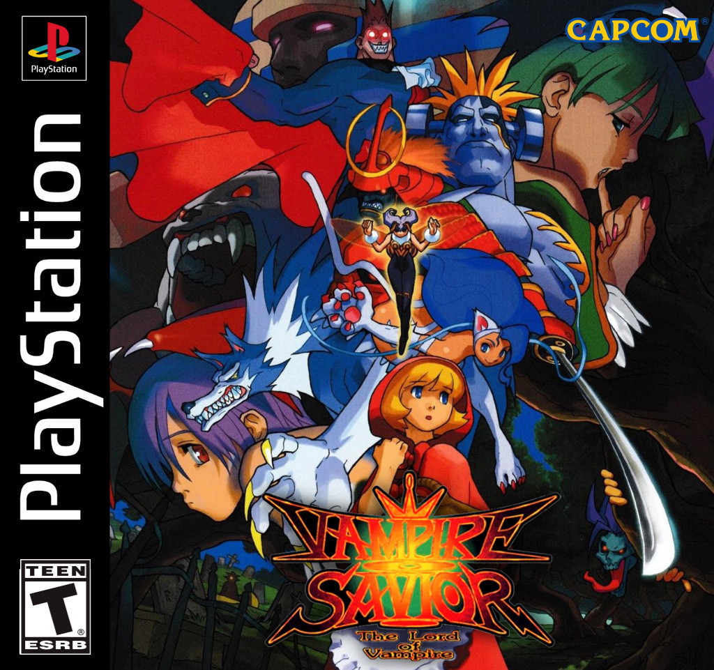 anakaris b.b._hood bare_shoulders basket bengus blonde_hair darkstalkers demitri_maximoff demon_girl fangs felicia_(darkstalkers) finger_to_mouth game_console jon_talbain lilith_(darkstalkers) little_red_riding_hood_(grimm) lord_raptor morrigan_aensland official_art playstation purple_hair q-bee red_eyes sasquatch_(darkstalkers) vampire vampire_savior:_the_lord_of_vampire victor_von_gerdenheim werewolf