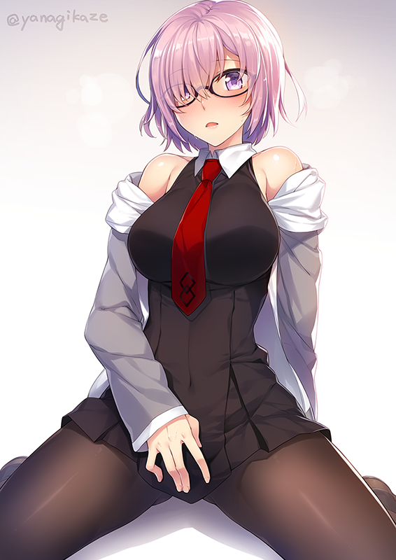 1girl black-framed_eyewear black_dress black_pantyhose blush breasts covered_navel dress fate/grand_order fate_(series) female_focus glasses hair_over_one_eye jacket large_breasts light_purple_hair long_sleeves looking_at_viewer mash_kyrielight necktie off_shoulder open_clothes open_jacket pantyhose parted_lips purple_eyes red_necktie short_hair sitting solo twitter_username wariza yanagi_(tsukiakari)