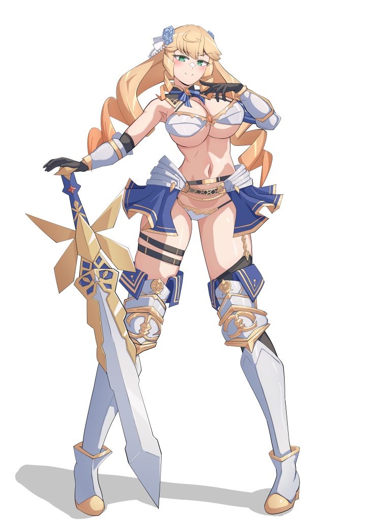 1girl alice_gear_aegis armor bikini_armor blonde_hair breasts cleavage closed_mouth commission drill_hair full_body greaves green_eyes huge_breasts ishitsuma_canon looking_at_viewer navel nicole_francisca pixiv_commission revealing_clothes showgirl_skirt smile solo standing sword weapon