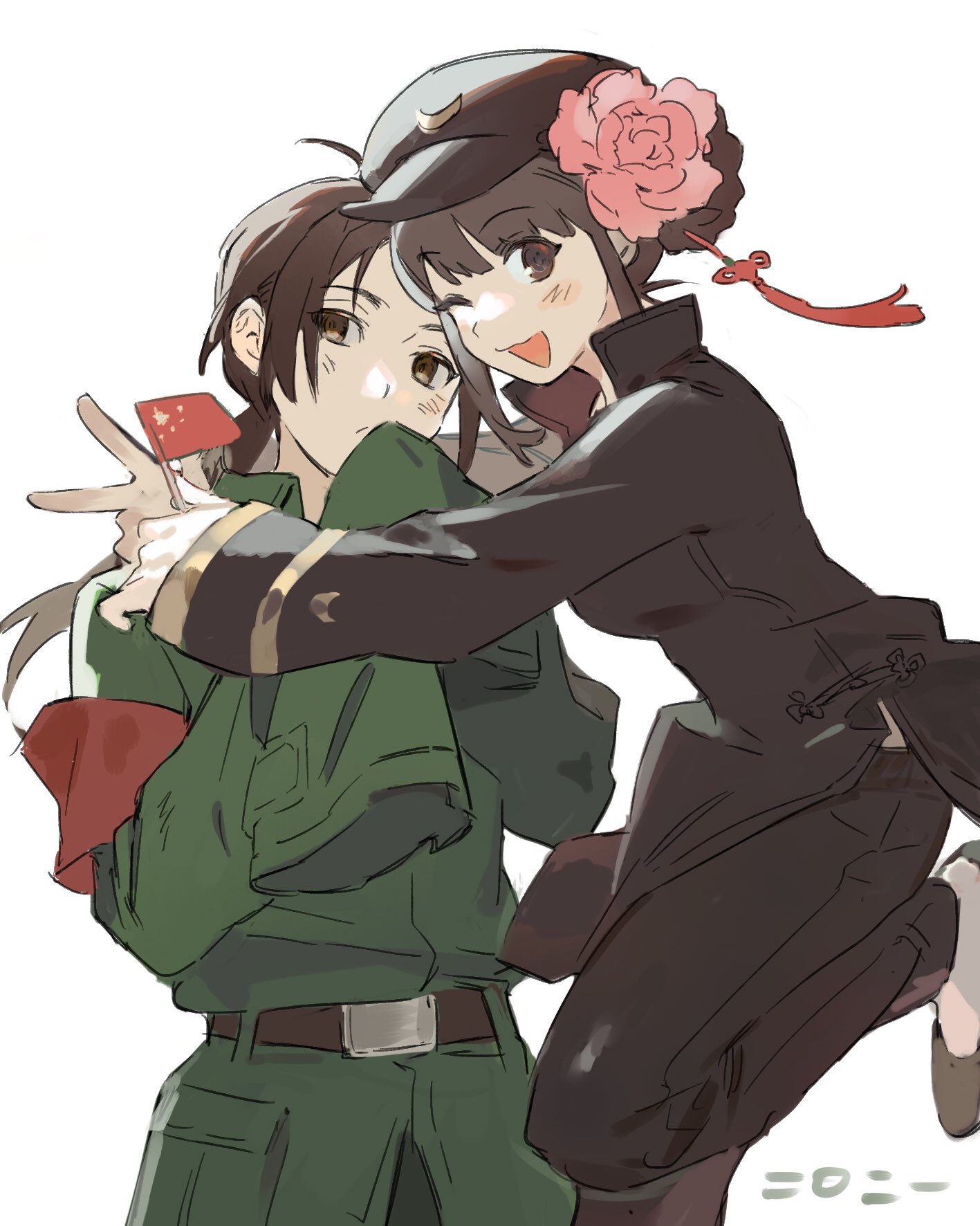1boy 1girl armband axis_powers_hetalia bdkrs1 belt black_hat black_jacket black_pants black_shoes brown_belt brown_eyes brown_hair china_(female)_(hetalia) china_(hetalia) chinese_commentary closed_mouth collared_jacket commentary_request double_bun dual_persona flag flower genderswap genderswap_(mtf) green_jacket hair_bun hair_flower hair_ornament hat highres holding holding_flag jacket long_hair long_sleeves looking_at_viewer low_ponytail military_jacket one_eye_closed open_mouth pants people's_republic_of_china_flag pink_flower ponytail red_armband shoes short_hair simple_background smile standing standing_on_one_leg tassel tassel_hair_ornament visor_cap white_background wide_sleeves
