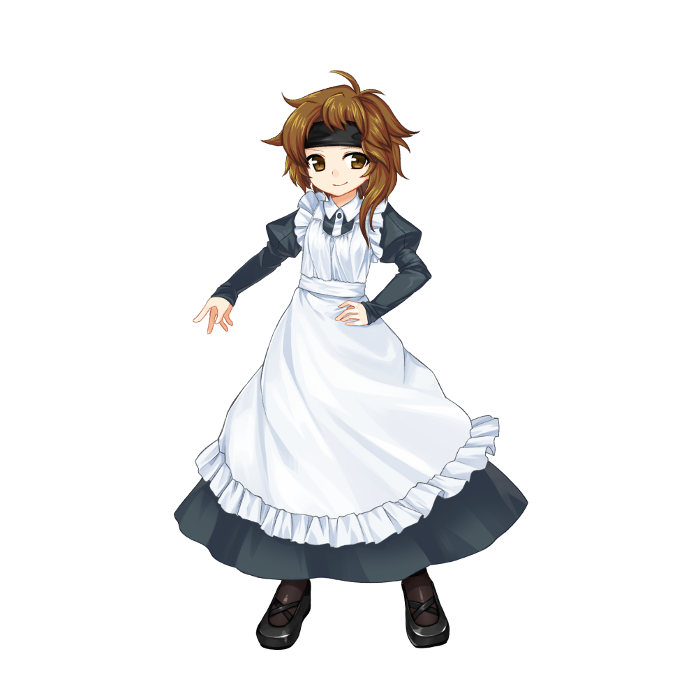 1other alternate_costume androgynous anmita_(rarutos) apron black_dress black_shoes brown_eyes brown_hair brown_socks closed_mouth commentary_request dress enmaided frilled_apron frills full_body hand_on_own_hip juliet_sleeves kurohebi len&#039;en long_sleeves maid maid_apron medium_hair other_focus puffy_sleeves shoes smile socks solo tachi-e white_apron