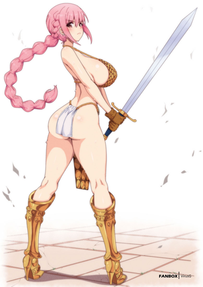 1girl armor armored_boots ass bikini_armor boots braid braided_ponytail breasts brown_eyes brown_gloves commentary english_commentary full_body gloves holding holding_sword holding_weapon huge_breasts long_hair one_piece pelvic_curtain pink_hair rebecca_(one_piece) scale_armor sideboob solo standing sword virus-g weapon white_background