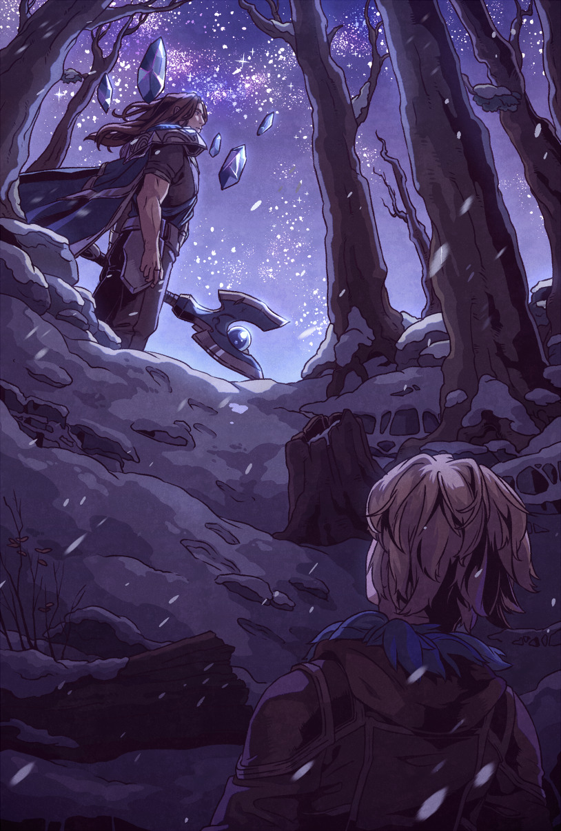 2boys armor bare_tree belt blonde_hair brown_hair cape crystal ezreal floating from_behind from_side fur_collar fur_trim gem highres holding holding_weapon hood hood_down league_of_legends log long_hair looking_up male_focus multiple_boys night night_sky outdoors pants pauldrons rock shirt short_hair shoulder_armor sky snow snowing standing star_(sky) starry_sky taric tree tree_stump weapon wenny02
