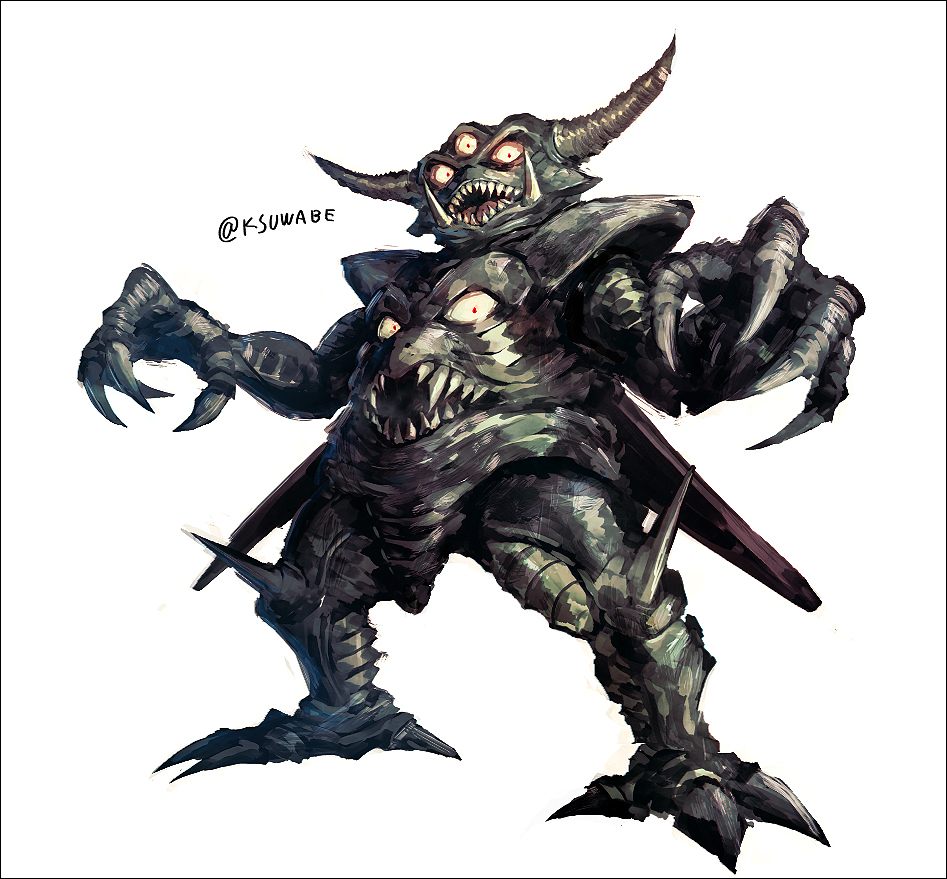 chest_mouth claws commentary_request death_pisaro dragon_quest dragon_quest_iv extra_eyes extra_mouth fangs full_body horns k-suwabe looking_at_viewer monster no_humans open_mouth red_eyes sharp_teeth simple_background solo spikes standing teeth tongue twitter_username white_background
