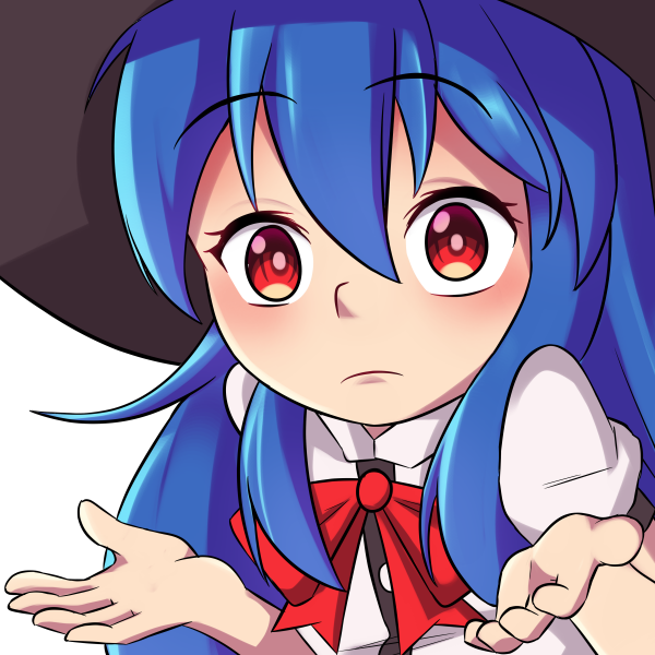 1girl black_hat blue_hair bmkro bow bowtie closed_mouth colored_mouth commentary commission english_commentary guess_i&#039;ll_die_(meme) hat hinanawi_tenshi long_hair looking_at_viewer meme red_bow red_bowtie red_eyes short_sleeves shrugging sidelocks simple_background solo touhou upper_body white_background