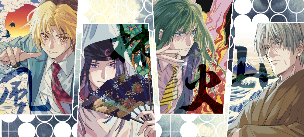 4boys between_fingers bird black_hat blazer blonde_hair blue_eyes blue_jacket blue_sleeves brown_hair brown_kimono brown_sleeves chinese_commentary closed_mouth coattails collared_jacket collared_shirt commentary_request determined expressionless fan_to_mouth fingernails fire floral_print folding_fan fujiwara_no_sai furrowed_brow green_hair grey_hair hand_fan hand_up hat hikaru_no_go holding holding_fan hun_(endlesslovehikaru) jacket japanese_clothes kariginu kimono layered_sleeves light_frown long_hair long_sleeves male_focus mount_fuji multicolored_hair multiple_boys neckerchief necktie ocean old old_man open_clothes open_jacket orange_eyes own_hands_together plaid_clothes plaid_neckerchief purple_eyes purple_hair red_neckerchief shindou_hikaru shirt smile striped_necktie sun tate_eboshi touya_akira touya_kouyou two-tone_hair upper_body veil waves white_shirt white_sleeves white_veil wind wrinkled_skin yellow_necktie