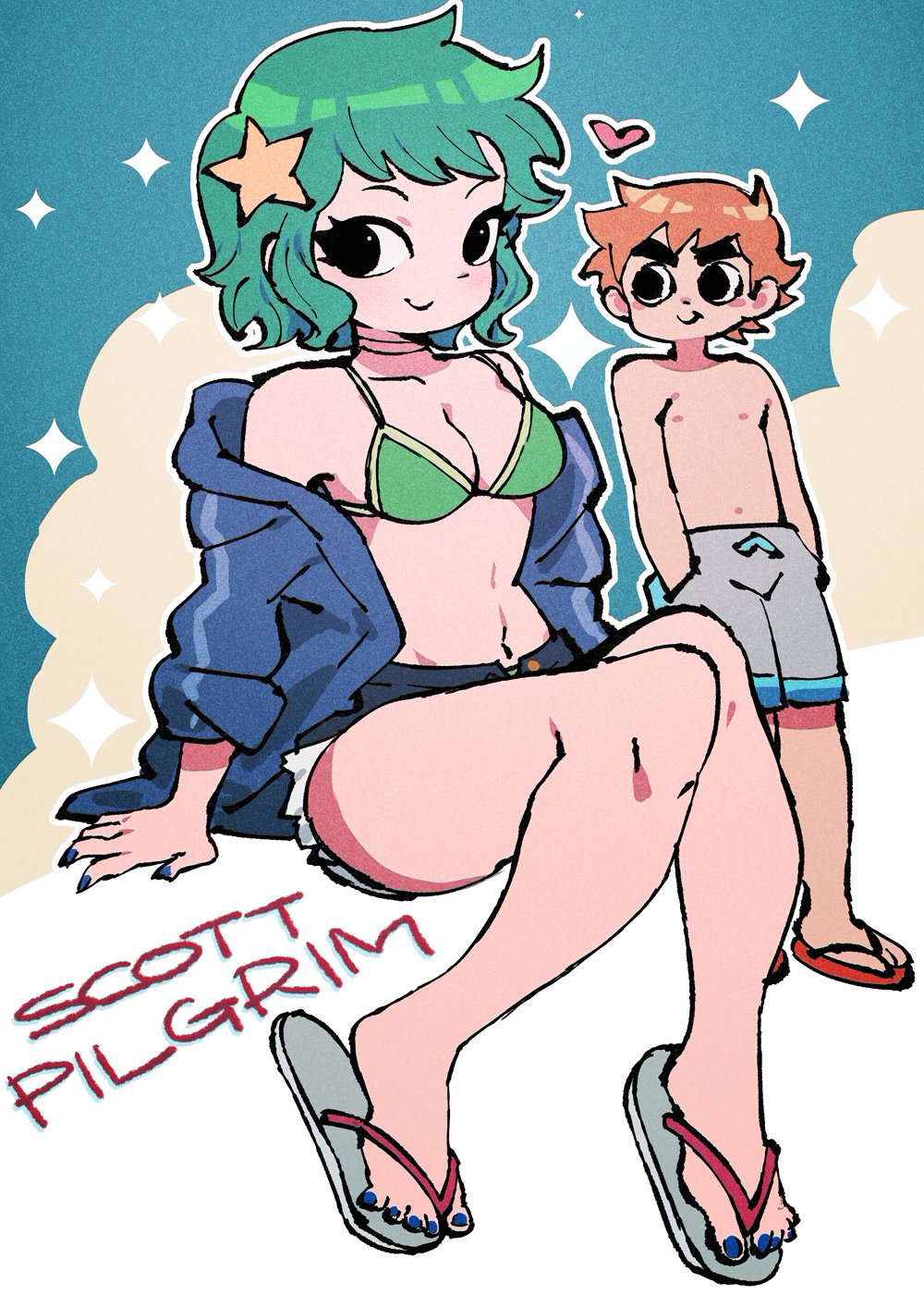 1boy 1girl black_eyes blue_jacket blue_nails bra breasts cloud cloudy_sky denim denim_shorts english_text green_bra green_hair grey_male_swimwear hair_ornament heart highres jacket looking_at_another looking_at_viewer male_swimwear nail_polish navel orange_hair ramona_flowers sandals scott_pilgrim_(comics) scott_pilgrim_(series) shorts sitting sky swim_trunks tetsu_(teppei) thick_eyebrows underwear