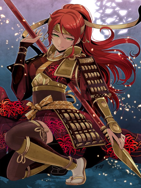 1girl armor bad_id bad_twitter_id dou female_focus green_eyes headband japanese_armor japanese_clothes kimono kimono_skirt polearm pyrrha_nikos red_hair rwby samurai solo spear sumiwow thighhighs weapon