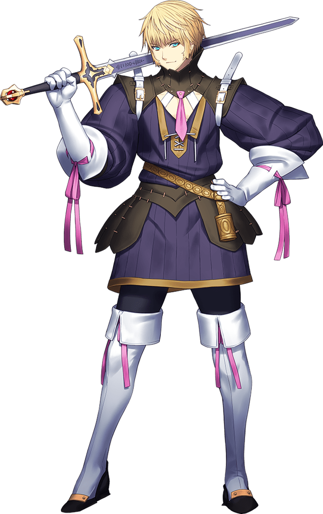 blonde_hair blue_eyes boots fate/grand_order fate_(series) game_cg gloves looking_at_viewer male_focus necktie official_art pink_necktie roland_(fate) sakamoto_mineji short_hair shoulder_belt smile tachi-e transparent_background tunic
