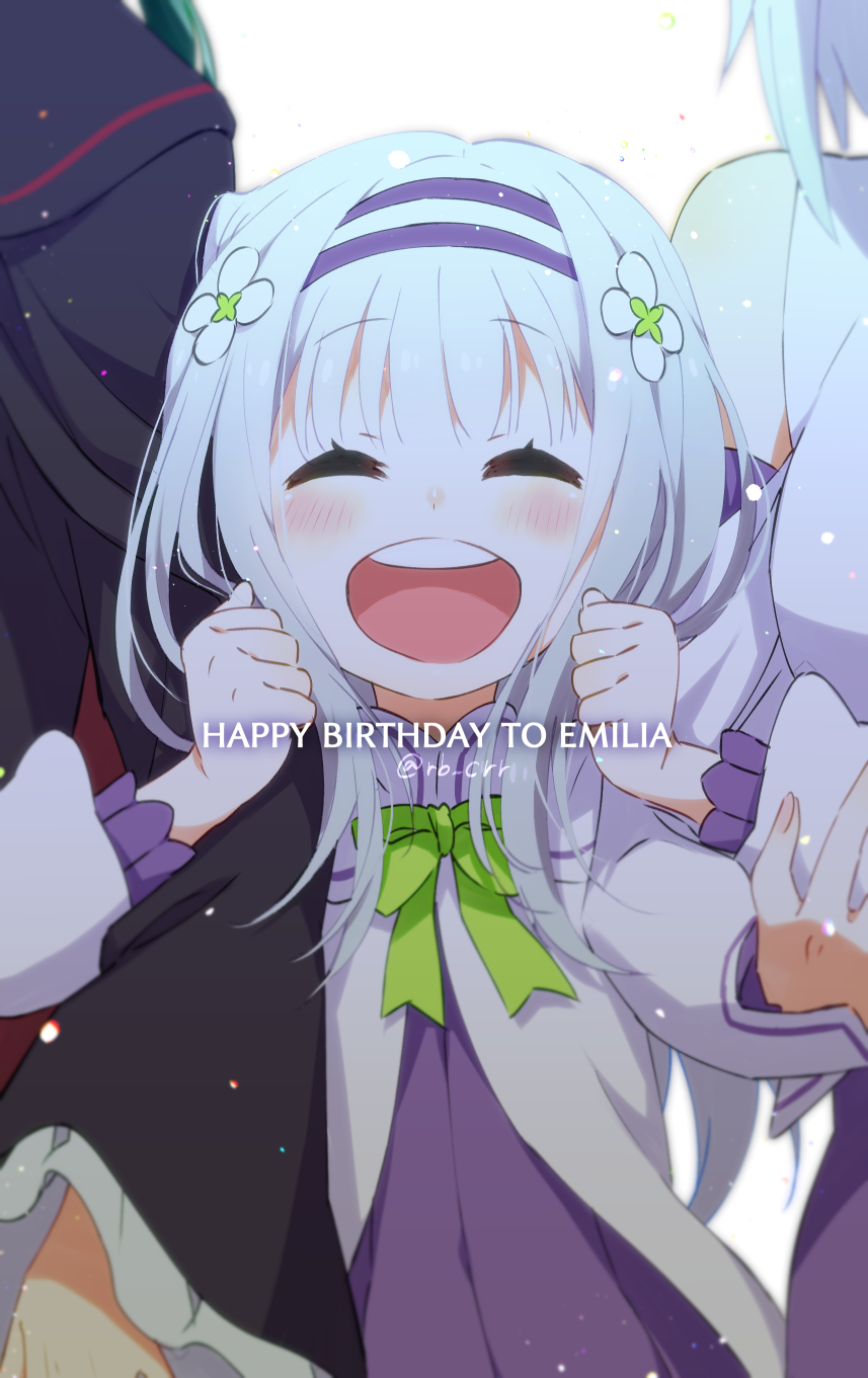 :d ^_^ blunt_bangs closed_eyes emilia_(re:zero) family flower fortuna_(re:zero) hair_flower hair_ornament hairband happy_birthday highres locked_arms open_mouth petelgeuse_romaneeconti re:zero_kara_hajimeru_isekai_seikatsu ribbon silver_hair smile solo_focus yomo_(rb_crr)