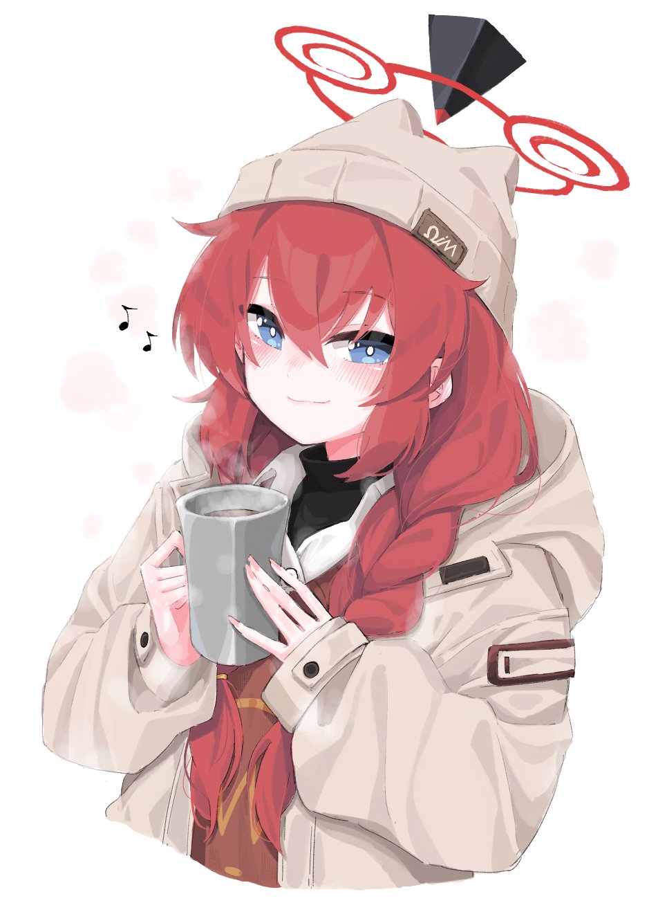 1girl animal_ear_headwear beanie blue_archive blue_eyes blush braid bright_pupils brown_coat closed_mouth coat commentary_request cropped_torso cup fake_animal_ears hair_between_eyes halo hat highres holding holding_cup long_hair looking_at_viewer maki_(blue_archive) maki_(camp)_(blue_archive) musical_note negu_(pixiv_6519140) open_clothes open_coat red_hair red_halo simple_background sleeves_past_wrists smile solo steam twin_braids upper_body white_background white_pupils