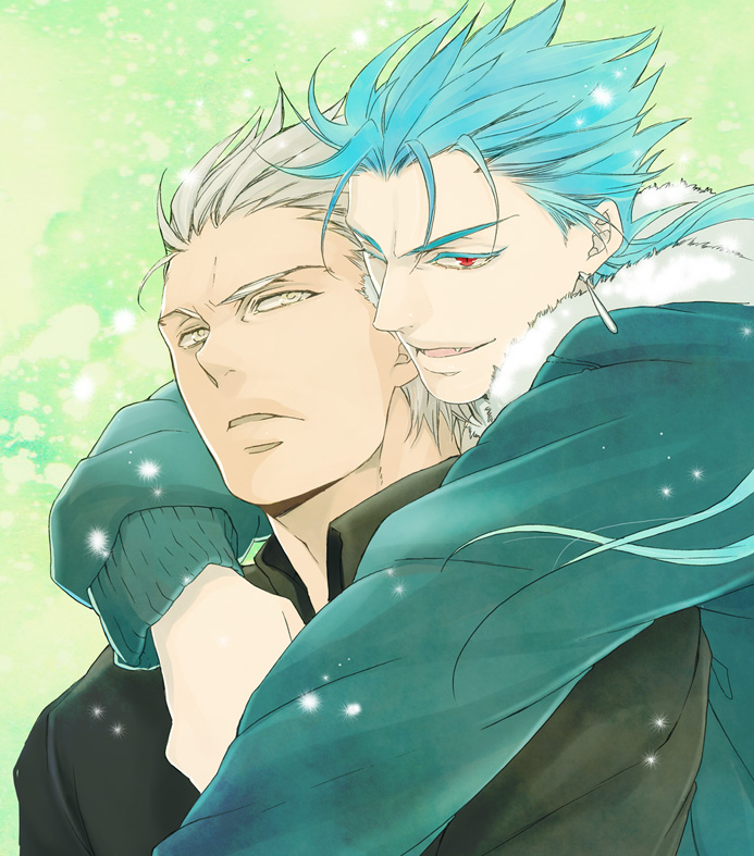 2boys archer_(fate) bad_id bad_pixiv_id blue_hair casual cu_chulainn_(fate) cu_chulainn_(fate/stay_night) earrings fate/stay_night fate_(series) jacket jewelry jun_(ash) long_hair male_focus multiple_boys red_eyes white_eyes white_hair