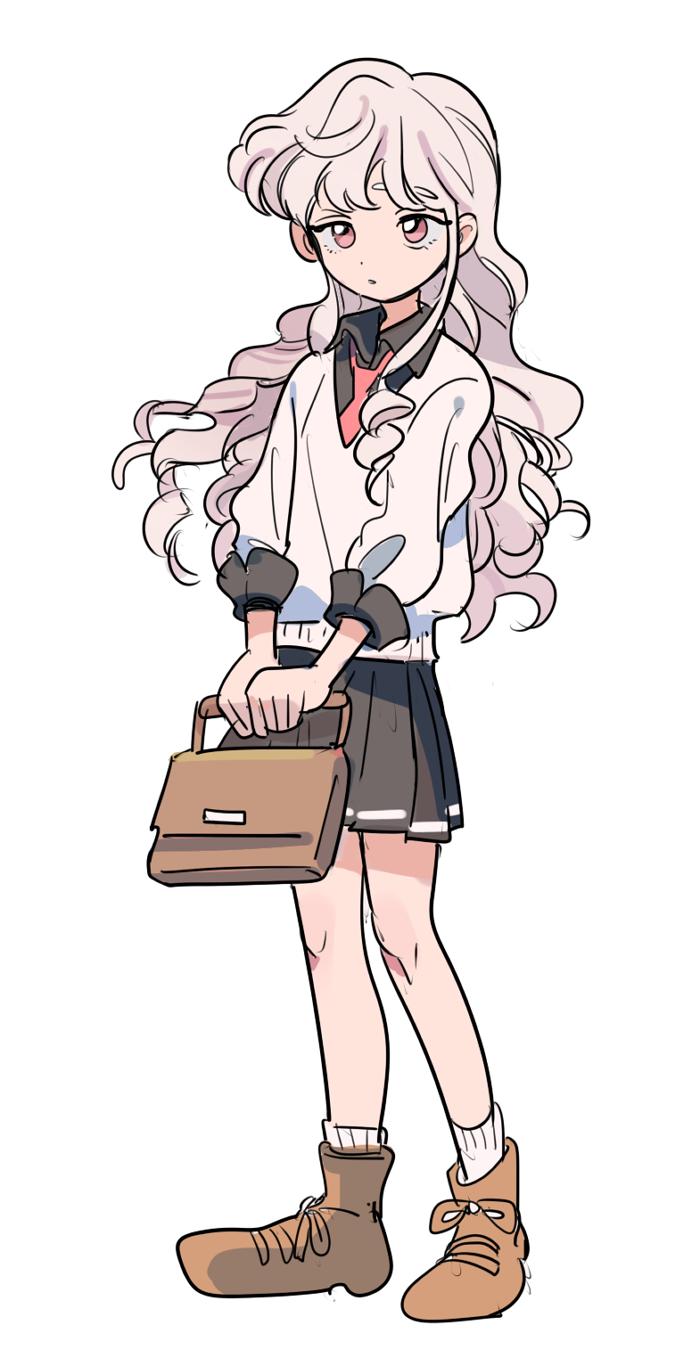 1girl bag black_shirt black_skirt black_sleeve_cuffs brown_footwear collared_shirt dolman_(dm) dot_nose eyebrows_hidden_by_hair full-body_tattoo full_body highres holding holding_bag layered_clothes layered_sleeves long_hair long_sleeves miniskirt neckerchief original own_hands_together parted_lips pleated_skirt puffy_long_sleeves puffy_sleeves red_eyes red_neckerchief school_bag shirt simple_background skirt socks solo standing sweater tattoo two-handed wavy_hair white_background white_hair white_socks white_sweater