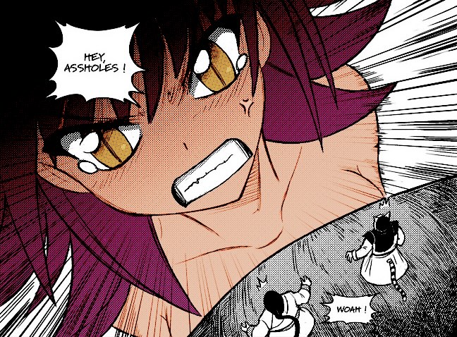1girl 2boys angry anna_(karbo) bare_shoulders black_hair colorized felarya giant giantess karbo multiple_boys pink_hair slit_pupils yellow_eyes