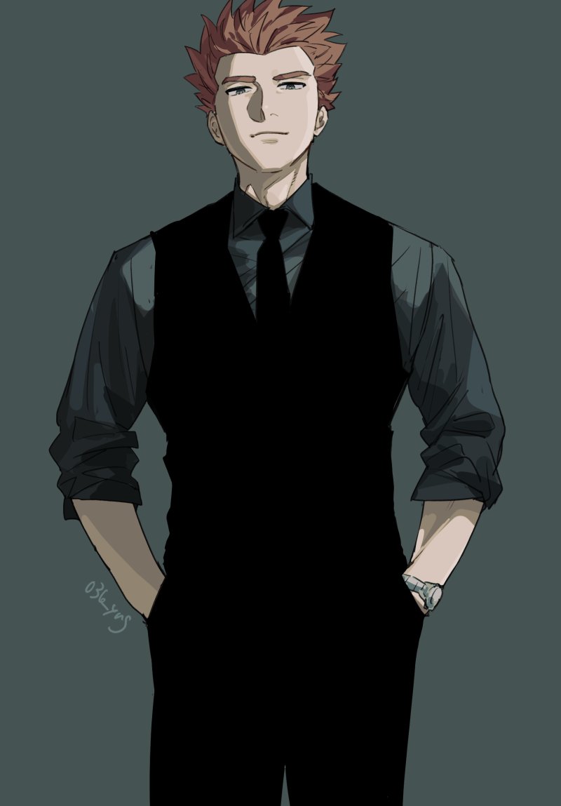 1boy alternate_costume black_necktie black_pants black_vest closed_mouth collared_shirt commentary_request cowboy_shot half-closed_eyes hands_in_pockets lance_(pokemon) looking_at_viewer male_focus necktie nintendo pants pokemon pokemon_hgss shirt short_hair solo spiked_hair twitter_username vest watch wristwatch y_(036_yng)