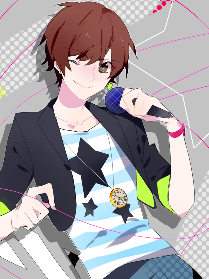 1boy amatsuki_(utaite) black_jacket blue_pants blue_shirt brown_eyes brown_hair cable clock_necklace closed_mouth collared_jacket commentary_request cowboy_shot cropped_jacket denim fingernails grey_background holding holding_cable holding_microphone indie_utaite jacket jeans lapels long_sleeves looking_at_viewer male_focus microphone one_eye_closed pants peaked_lapels polka_dot polka_dot_background shirt short_hair simple_background three-quarter_sleeves smile solo star_(symbol) star_print striped_clothes striped_shirt two-sided_fabric two-sided_jacket two-tone_shirt unagi_(nakaelric) utaite white_shirt