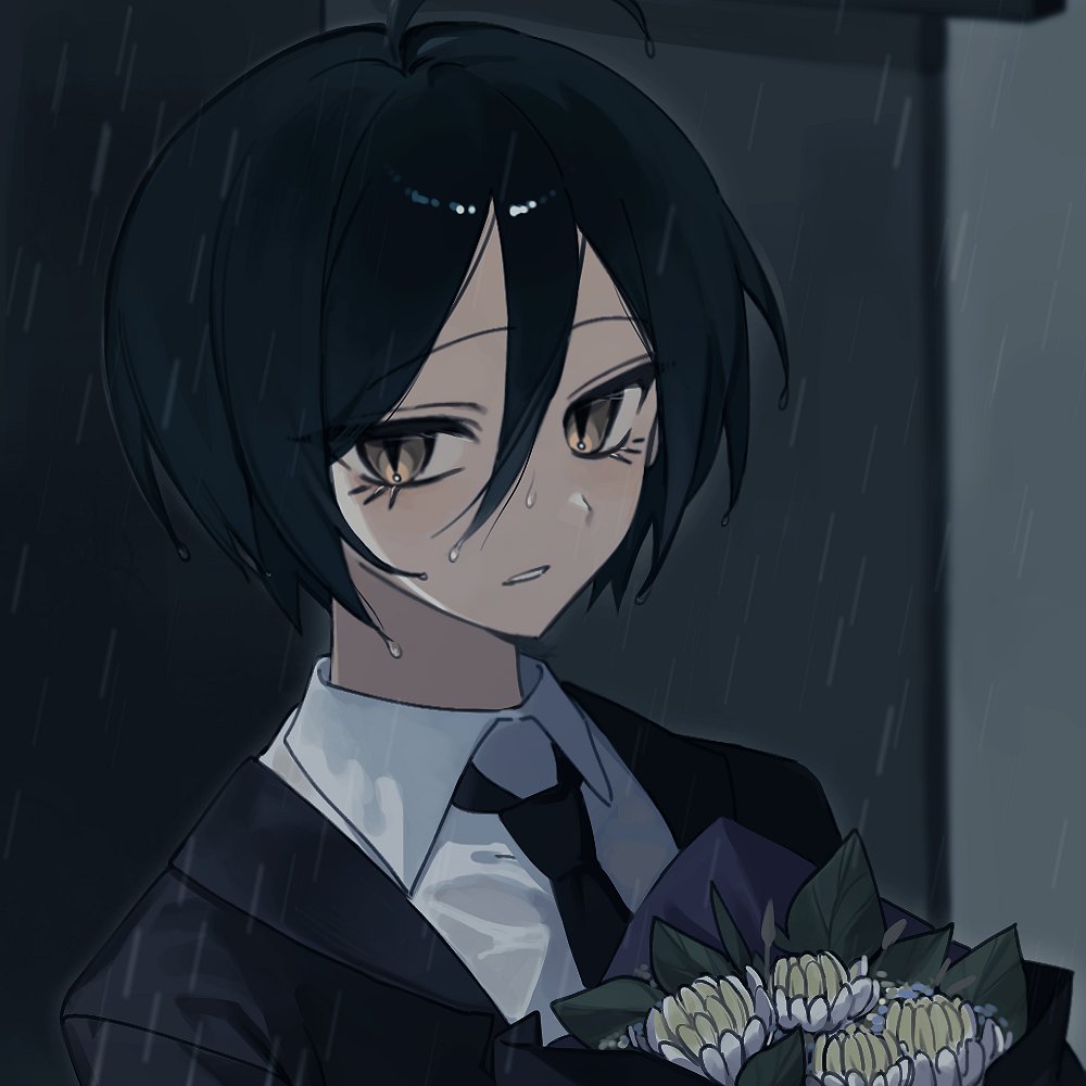 1boy ahoge alternate_costume bishounen black_hair black_necktie black_suit bouquet collared_shirt commentary_request danganronpa_(series) danganronpa_v3:_killing_harmony flower formal_clothes funeral hair_between_eyes jacket jacket_on_shoulders korean_commentary light_blush long_sleeves looking_at_viewer lower_eyelashes_only male_focus necktie nya_(nyanyanyang_dr) outdoors parted_lips portrait rain saihara_shuichi shirt short_hair solo suit water_drop wet wet_clothes wet_hair white_flower yellow_eyes