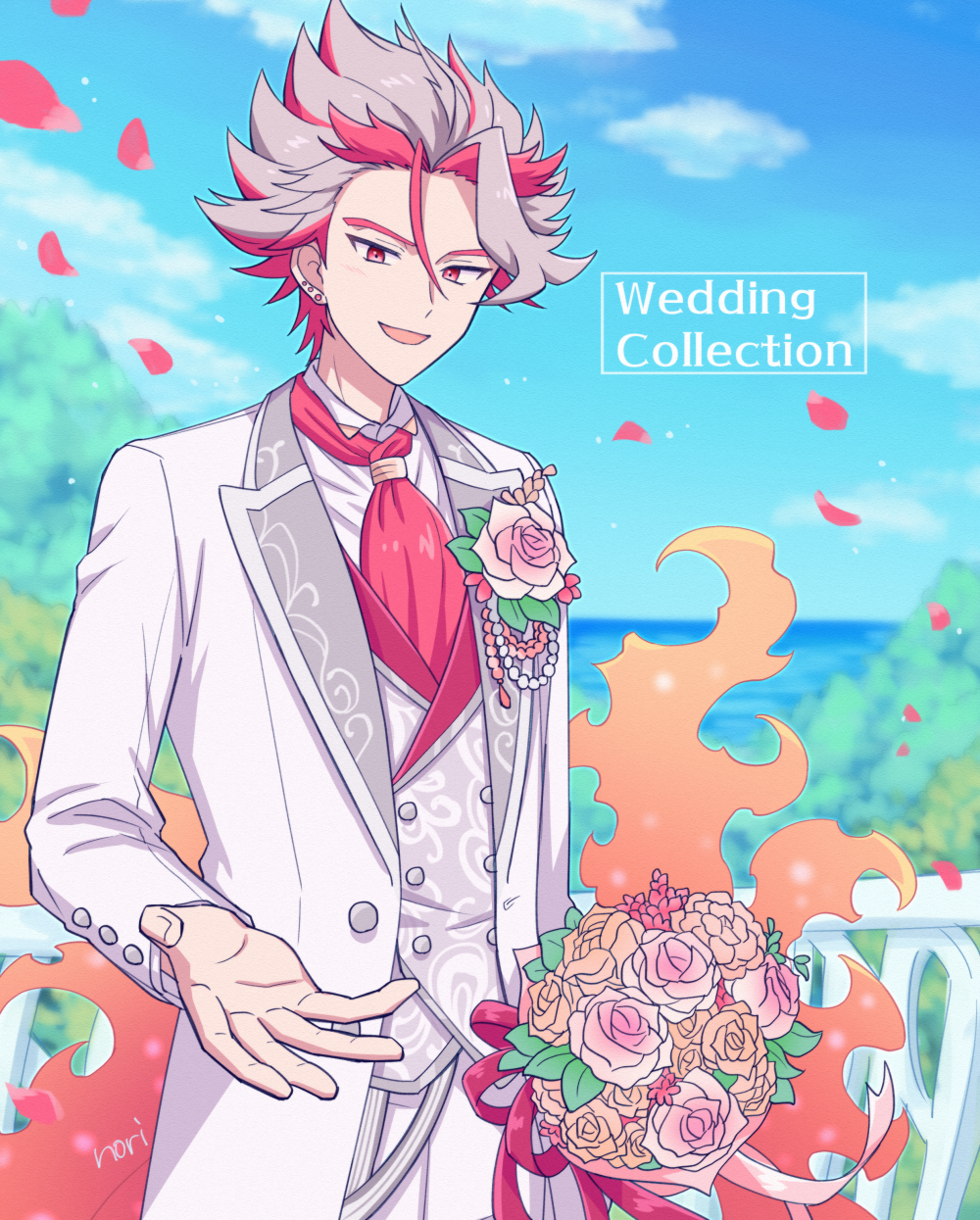 1boy alternate_costume artist_name blue_sky blurry blurry_background bouquet boutonniere chiyo_nori cloud cowboy_shot day ear_piercing falling_petals fire flower formal_clothes grey_hair groom highres holding holding_bouquet horizon joe_(show_by_rock!!) looking_at_viewer male_focus multicolored_hair neckerchief open_mouth outdoors petals piercing railing red_eyes red_hair red_neckerchief rose show_by_rock!! signature sky smile solo spiked_hair standing suit swept_bangs two-tone_hair white_suit