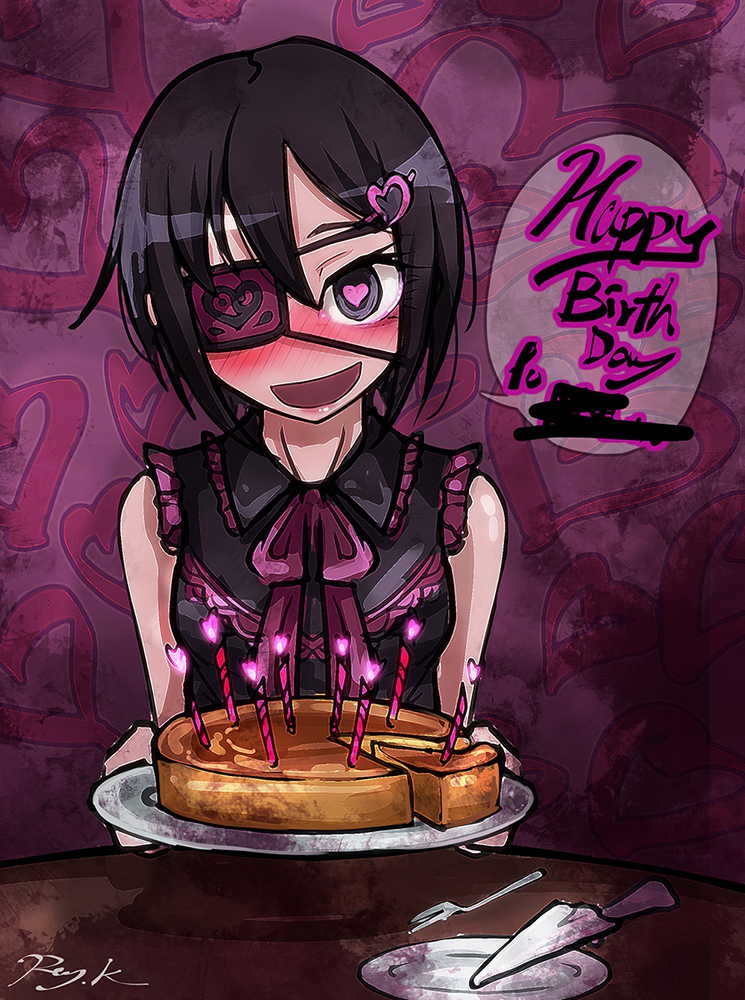 1girl :d artist_name bare_arms bare_shoulders black_eyes black_hair black_shirt blush english_text eyepatch female_focus food fork frilled_shirt_collar frills fukasugi_aiko hair_between_eyes hair_ornament hairclip happy happy_birthday heart heart-shaped_pupils heart_background heart_eyepatch heart_hair_ornament looking_at_viewer lovestruck nose_blush open_mouth original pie plate ray-k shirt short_hair signature sleeveless sleeveless_shirt smile solo symbol-shaped_pupils