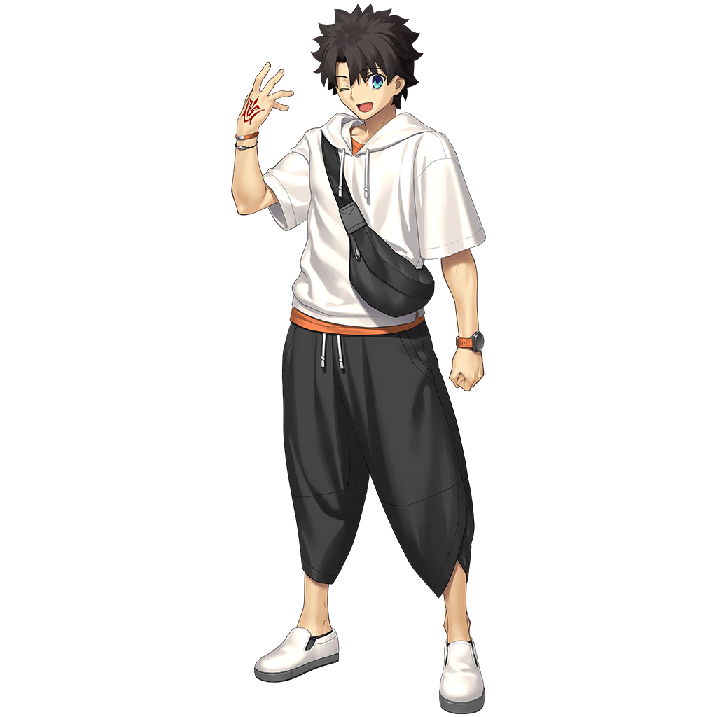 1boy bag baggy_pants black_hair black_pants blue_eyes bracelet casual clenched_hand command_spell fate/grand_order fate_(series) fujimaru_ritsuka_(male) fujimaru_ritsuka_(male)_(summer_street) full_body game_cg hood hood_down hoodie jewelry looking_at_viewer male_focus official_art one_eye_closed open_mouth pants shoes short_hair short_sleeves smile solo standing tachi-e takeuchi_takashi third-party_source transparent_background watch white_hoodie white_shoes wristwatch